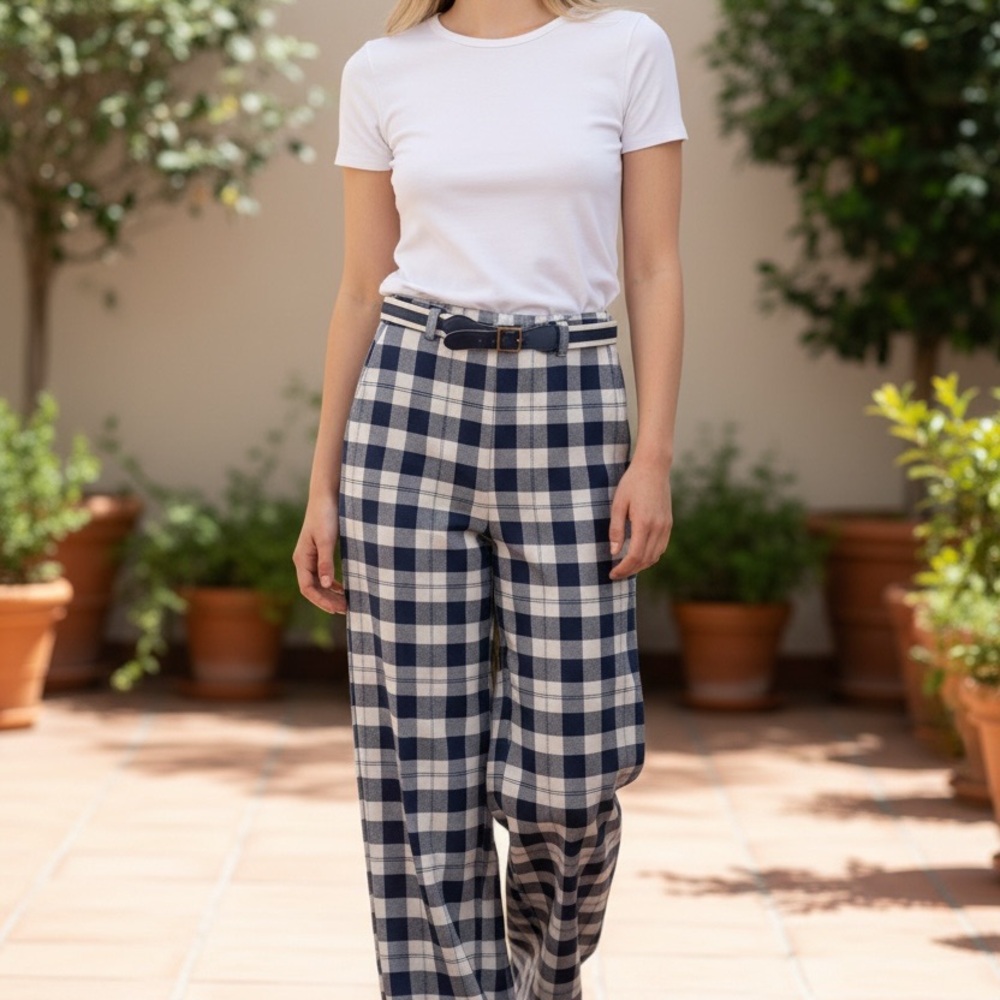 Vintage Jantzen Navy and White Plaid straight Leg Pants.